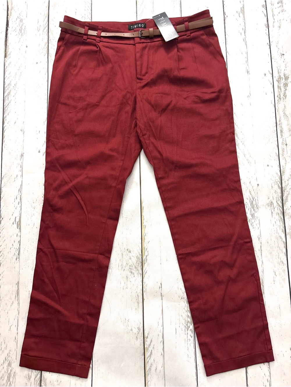 Timing Women's Burgundy Chinos with Leather Belt Sz M (6 -8) 98% cotton.